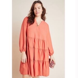 Anthropologie Maeve Amber Tiered Ruffled Tunic Dress 
Coral terracotta color 1X